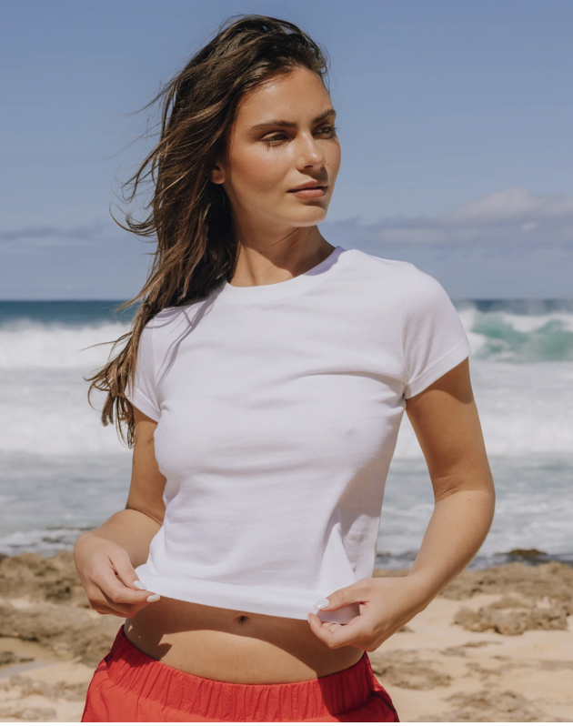 Daily Drills white cropped tee.